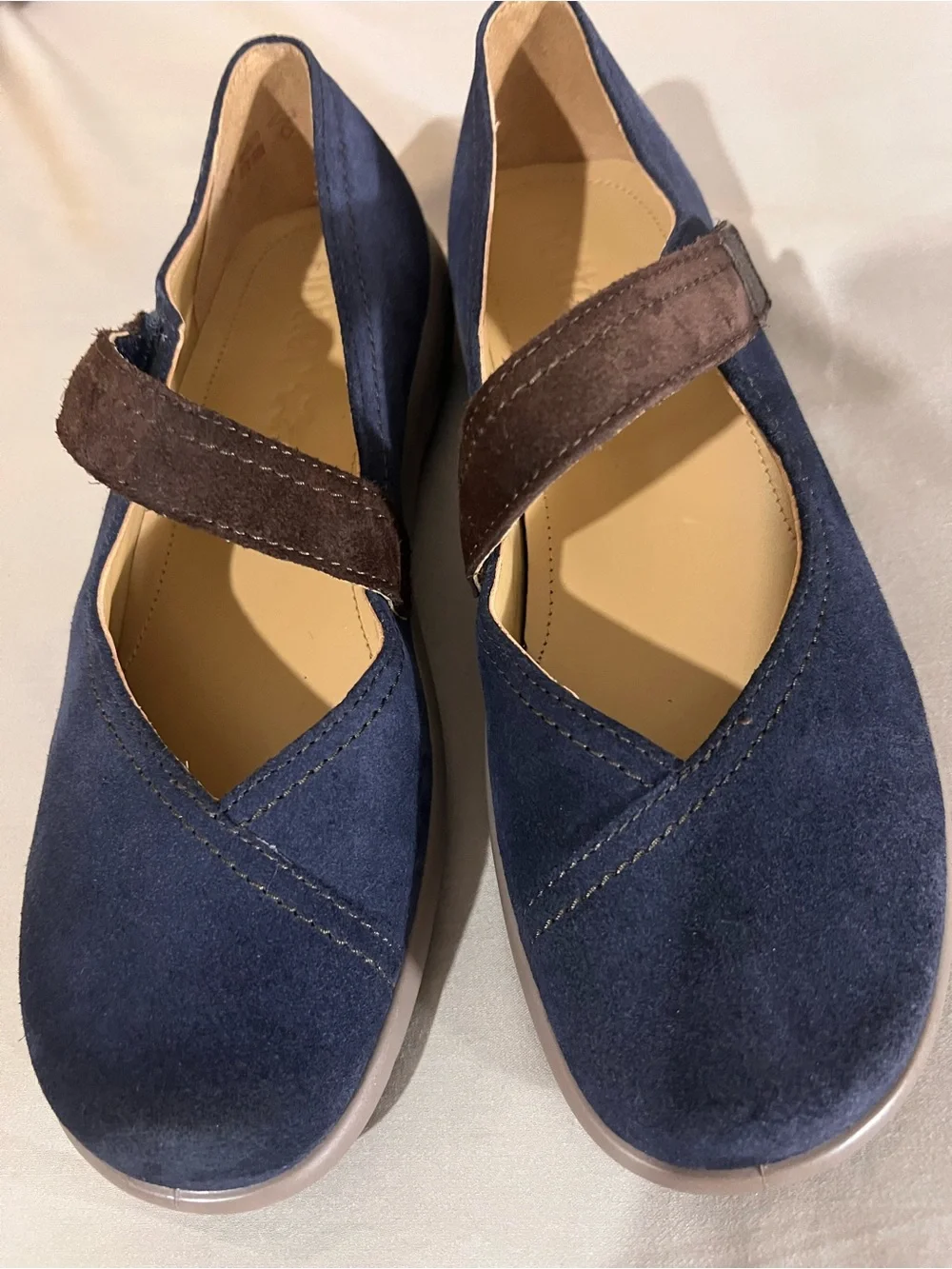 Hotter Women's Navy Suede Mary Jane Flats with Brown Strap